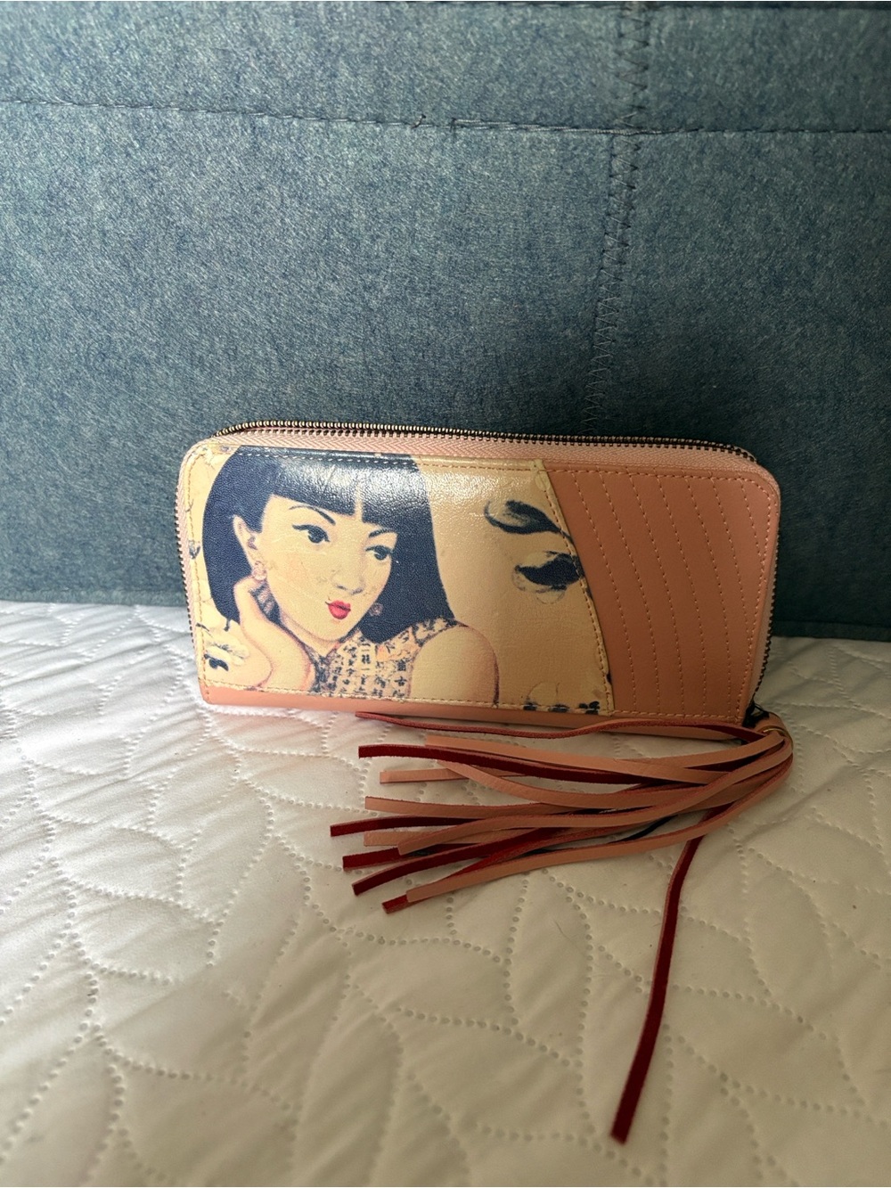 Peach Graphic Zip-Around Wristlet Wallet with Tassel